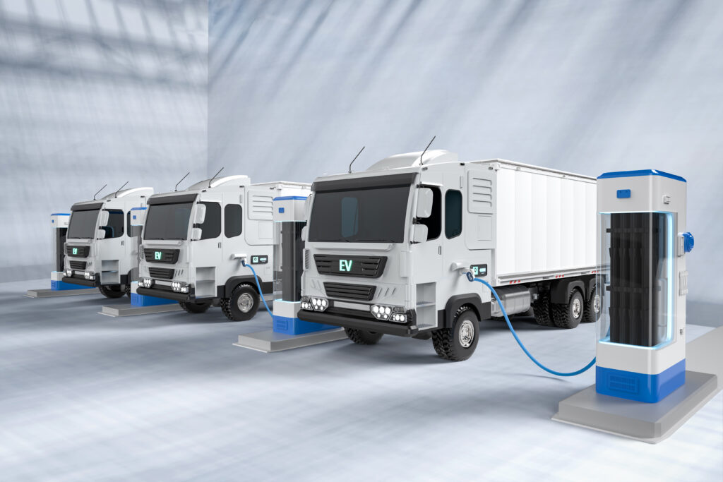 3d rendering ev logistic trailer truck at charging station